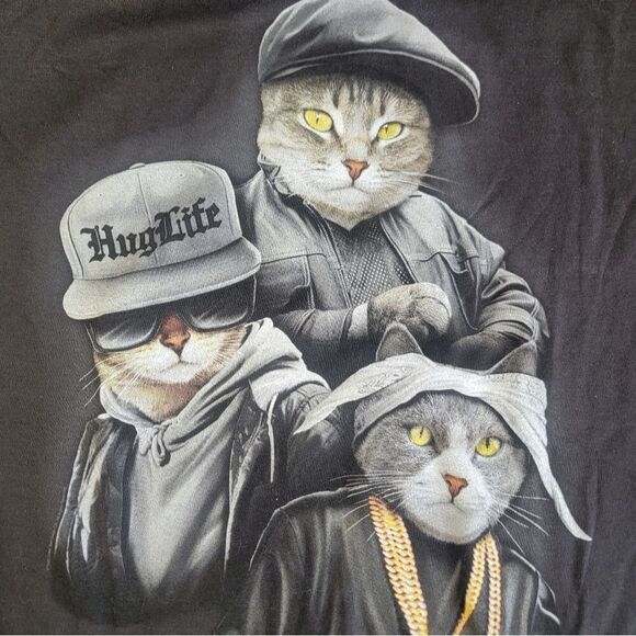 ODM Men T-Shirt Larg Black Cat Trio Hug Life Thug Gangster Graphic Crew Neck NWT - Picture 9 of 15